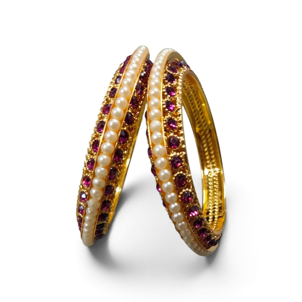 Pearl Studded Ruby Kada Bangles (Set of 2)