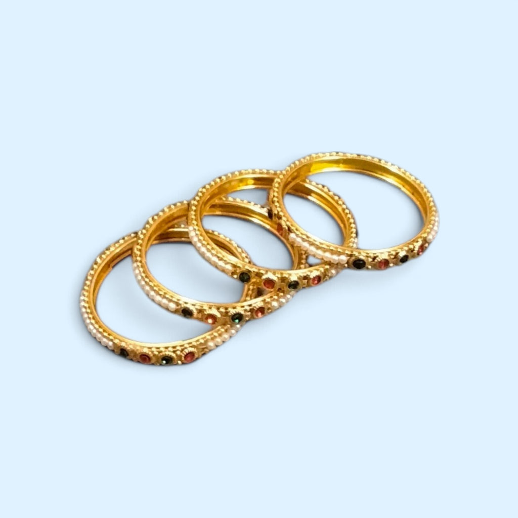 Gold-Plated Red & Green Stone Pearl Bangles (Set of 4)