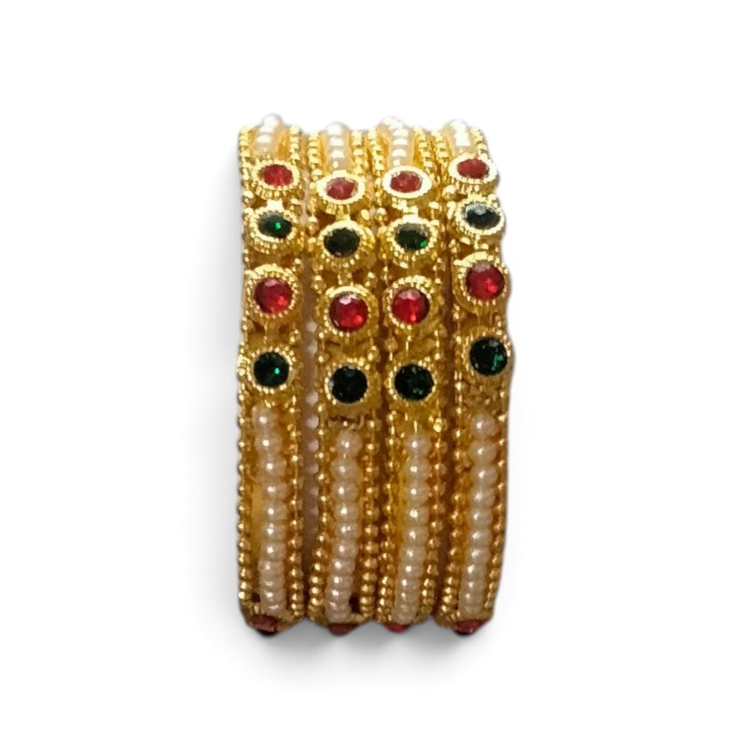 Gold-Plated Red & Green Stone Pearl Bangles (Set of 4)