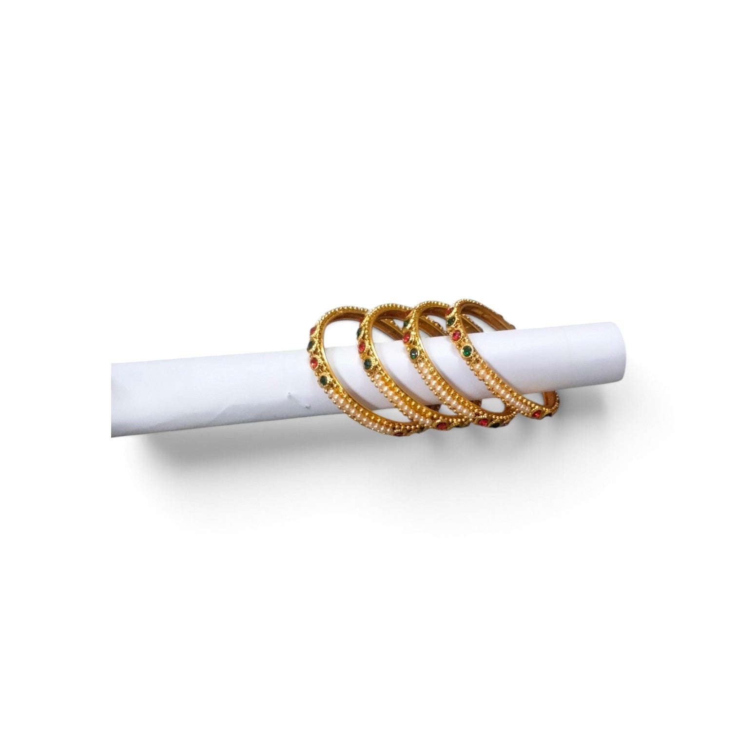 Gold-Plated Red & Green Stone Pearl Bangles (Set of 4)