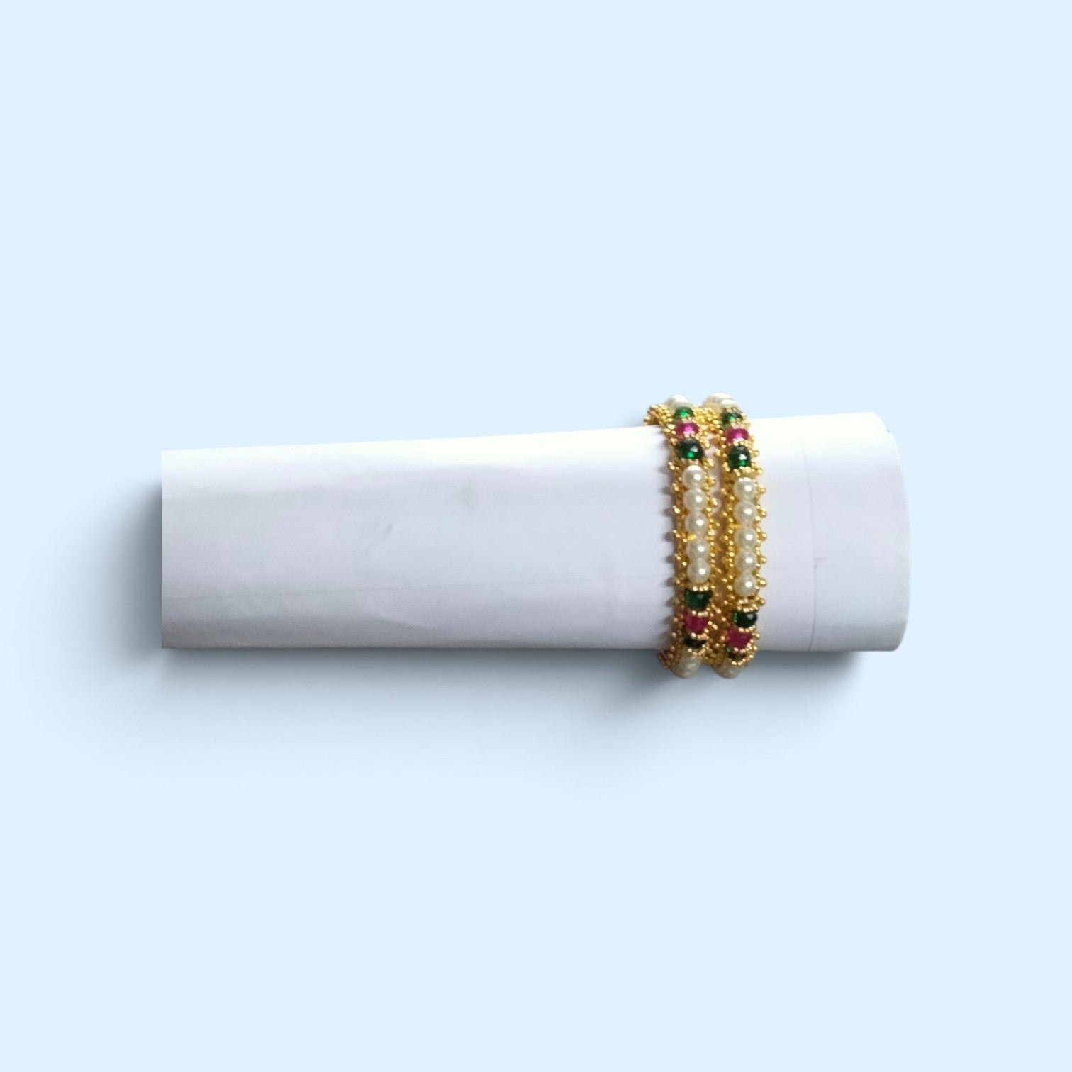 Premium Gold-Plated Pearl & Rani-Green Stone Kada Bangles (Set of 2)