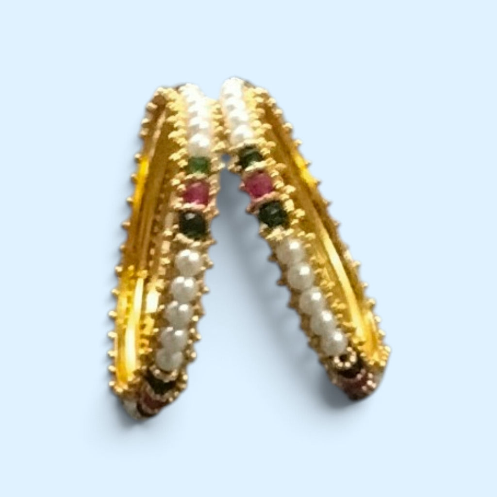 Premium Gold-Plated Pearl & Rani-Green Stone Kada Bangles (Set of 2)