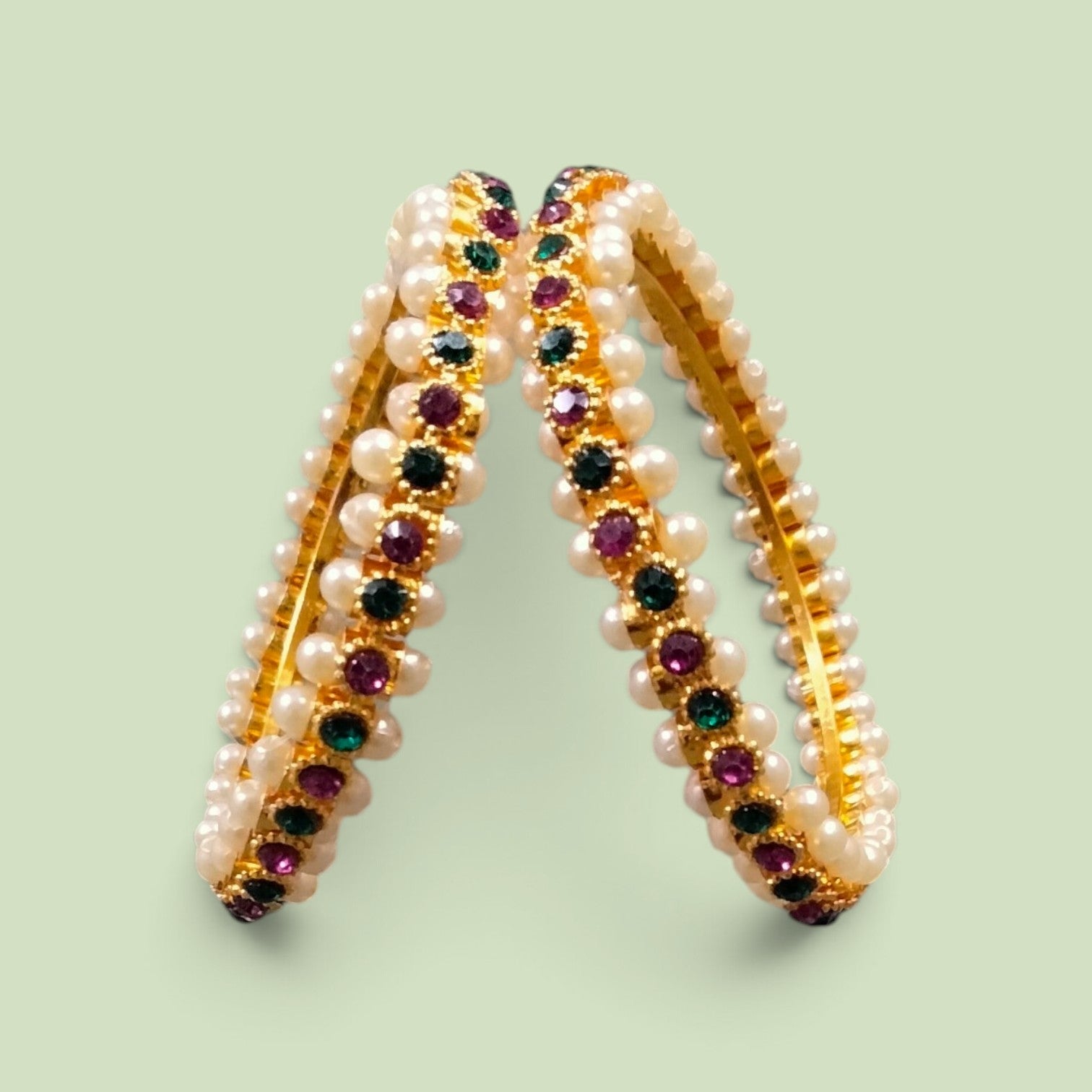 Premium Multi-Stone Traditional Pearl Bangles Set (Pair of 2)