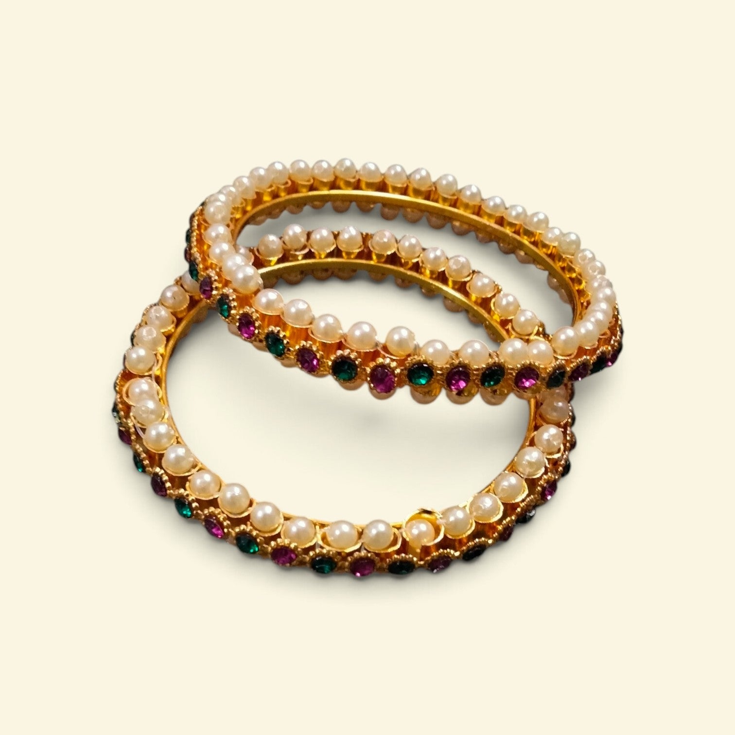 Premium Multi-Stone Traditional Pearl Bangles Set (Pair of 2)