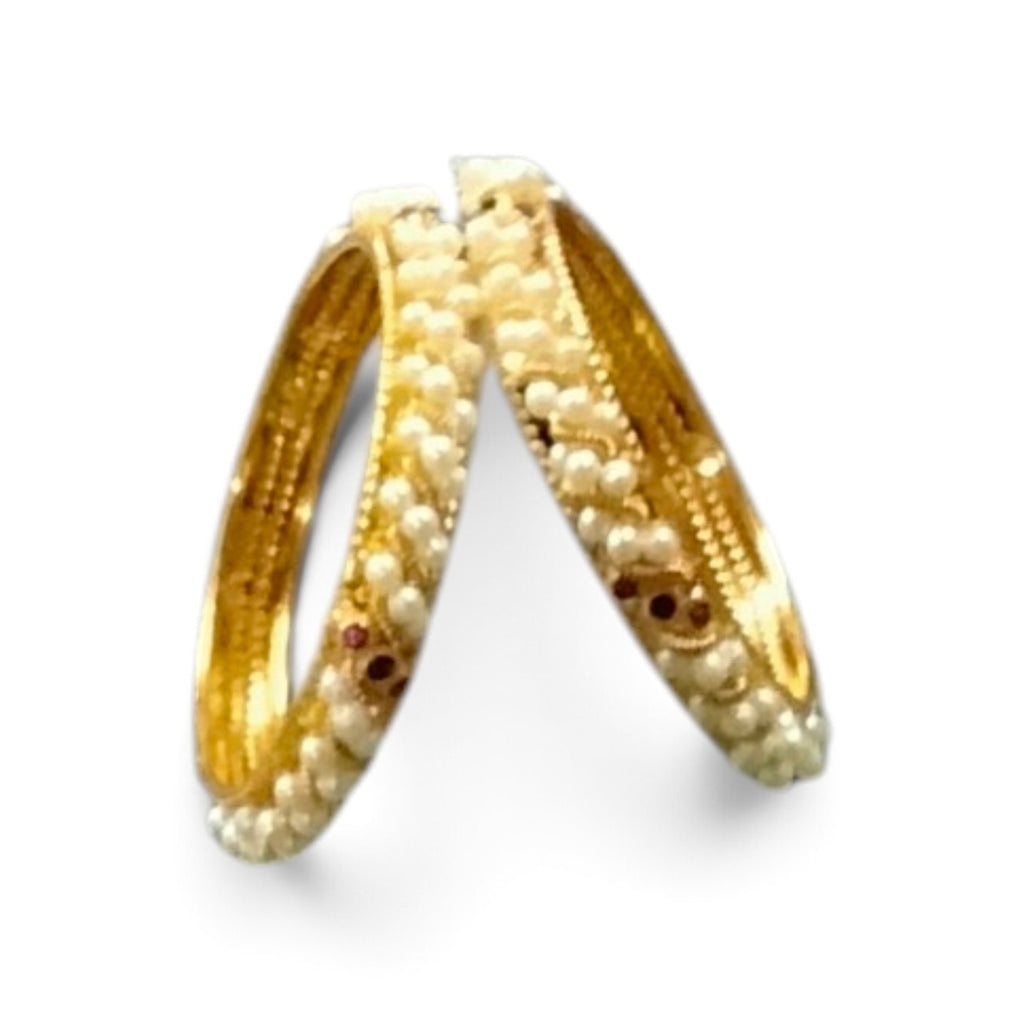 Gold-Plated Twisting Pearl Kada Bangles with pink-Green Stones (Set of 2)