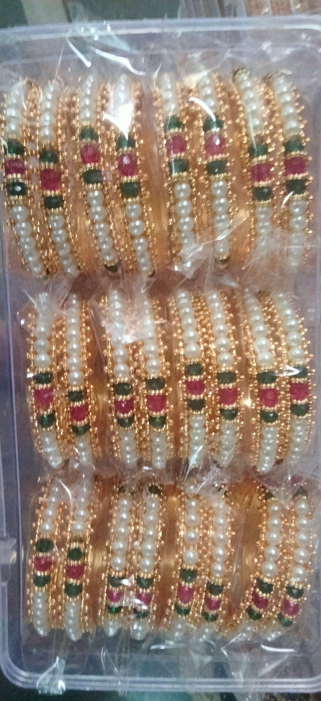 Premium Gold-Plated Pearl & Rani-Green Stone Kada Bangles (Set of 2)