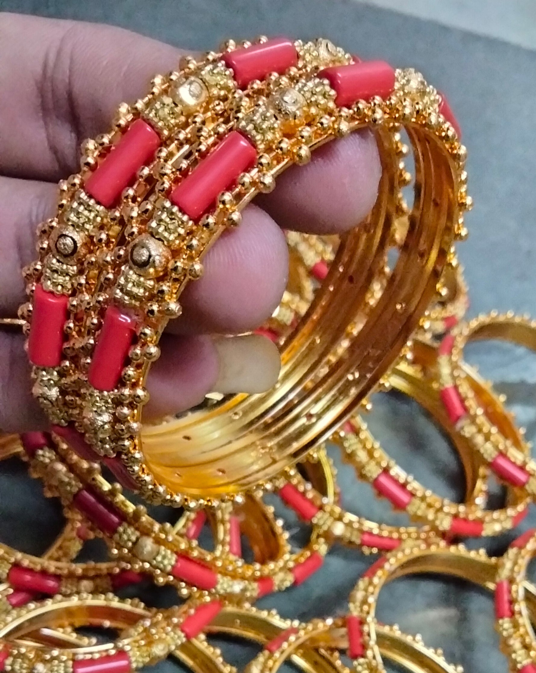 Premium Gold-Plated Red Coral & Golden Bead Kada Bangles (Set of 2)
