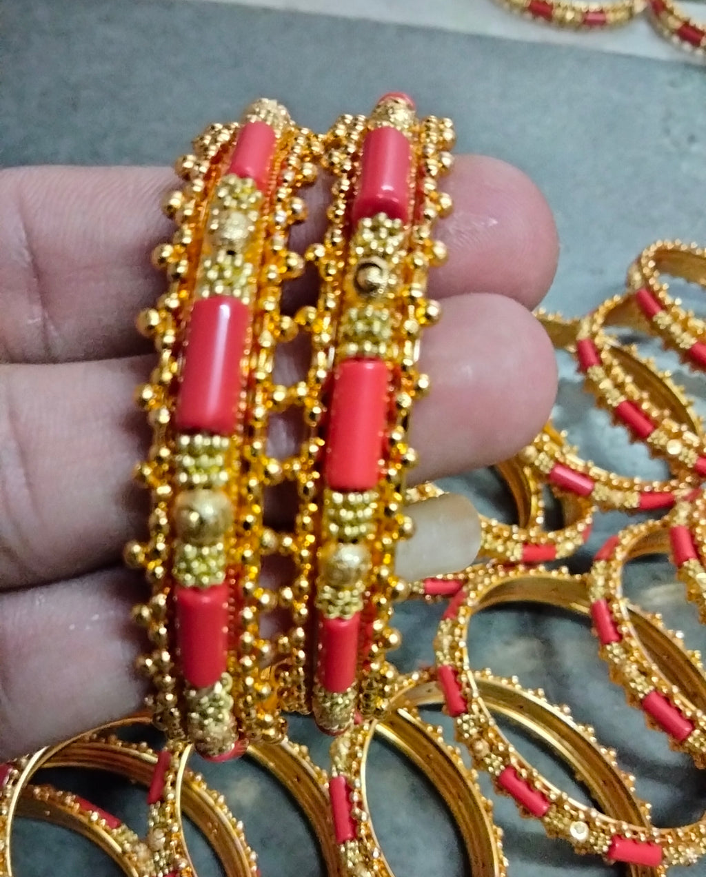 Premium Gold-Plated Red Coral & Golden Bead Kada Bangles (Set of 2)