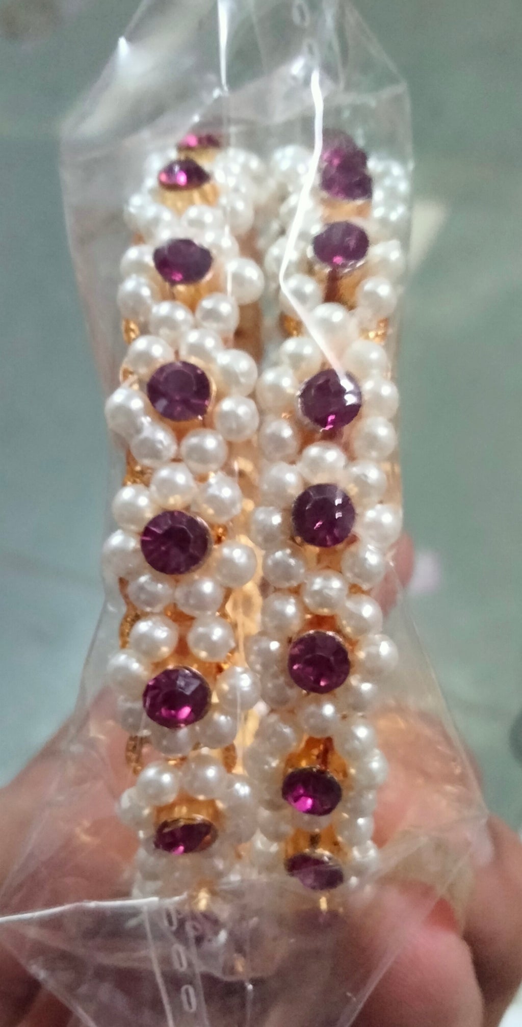 Gold-Plated Rani Pink Floral Pearl Kada Bangles (Set of 2)