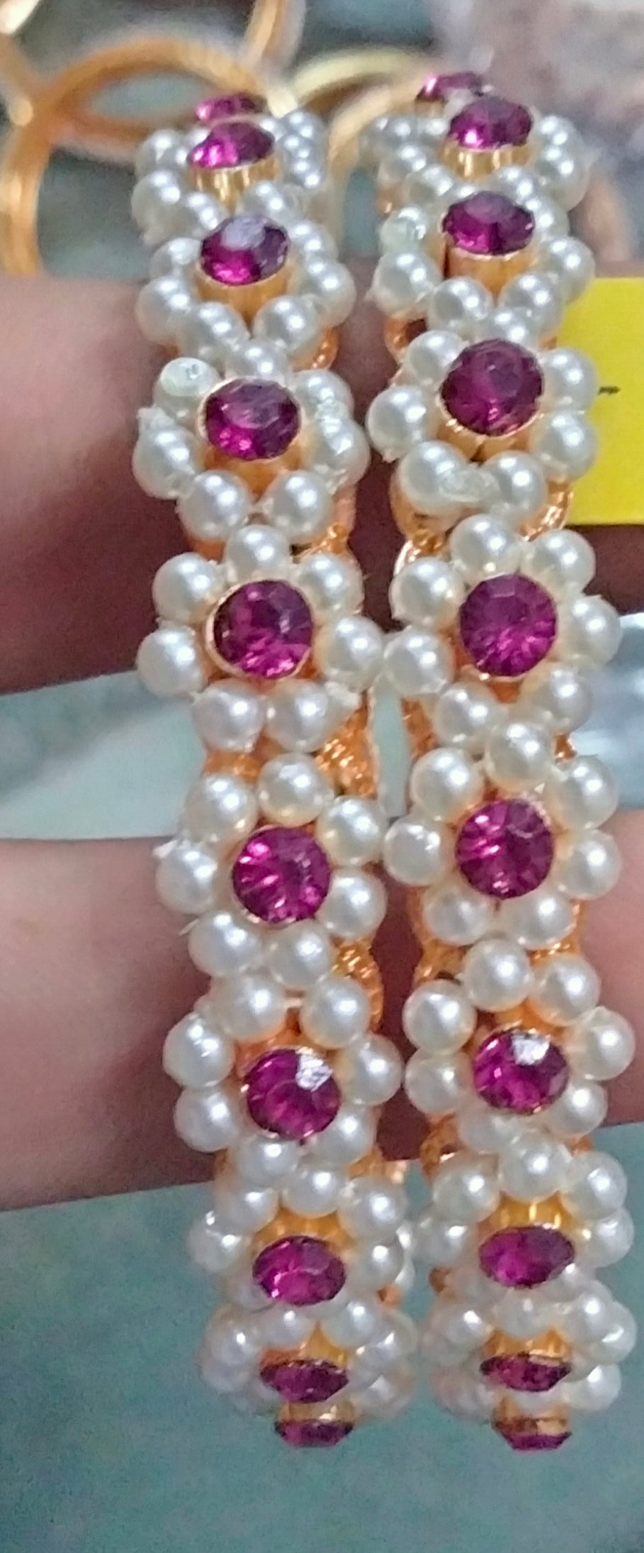 Gold-Plated Rani Pink Floral Pearl Kada Bangles (Set of 2)