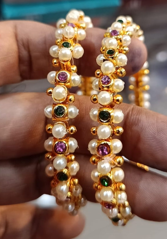 Gold-Plated Traditional Pearl Gopi Toda Kada Bangles with Rani Pink & Green Glass Stones (Set of 2)