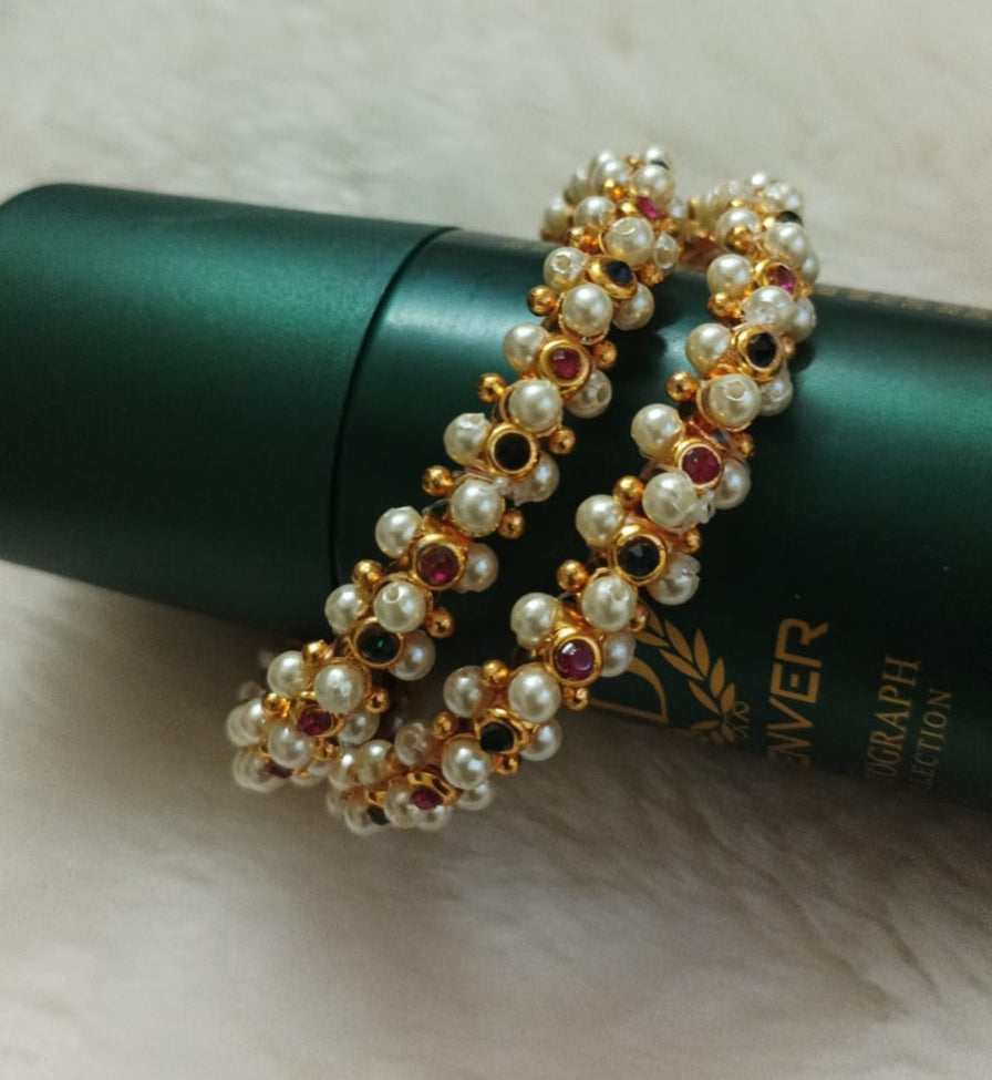 Gold-Plated Traditional Pearl Gopi Toda Kada Bangles with Rani Pink & Green Glass Stones (Set of 2)