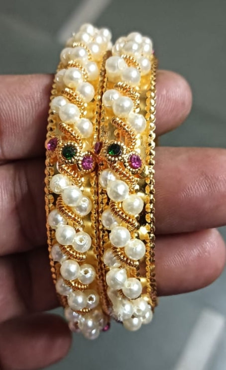 Gold-Plated Twisting Pearl Kada Bangles with pink-Green Stones (Set of 2)