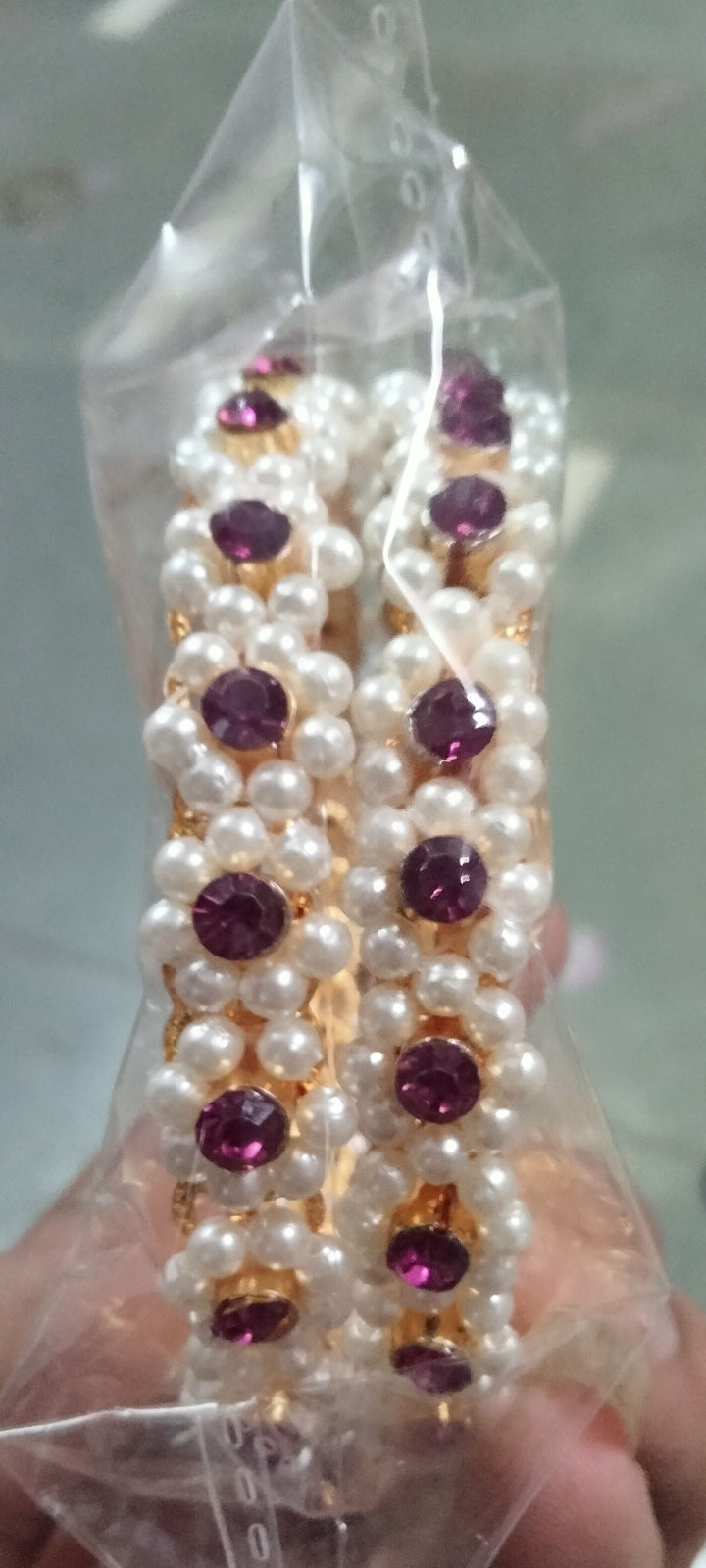 Gold-Plated Rani Pink Floral Pearl Kada Bangles (Set of 2)